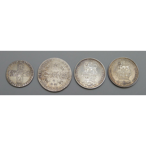 7341 - Coins; a George II 1757 sixpence, a George III 1787 shilling and two George IV shillings, 1825 and 1... 