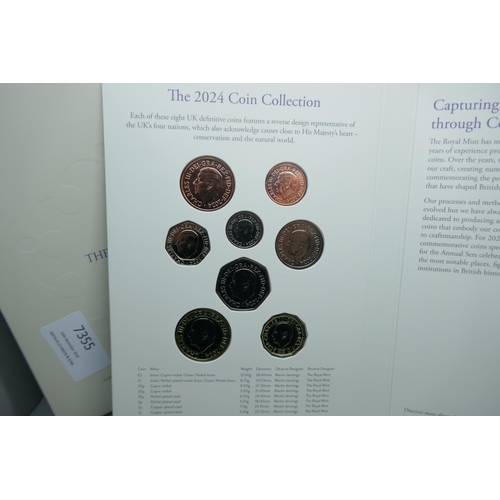 7355 - The Royal Mint, 2024 UK brilliant uncirculated annual coin set, definitives and commemorative coins