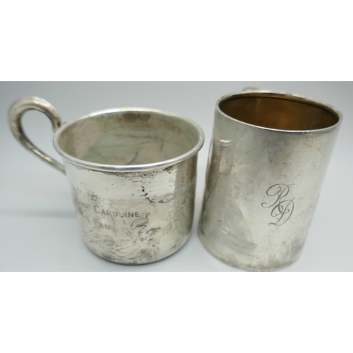 7362 - A hallmarked silver mug, 99g, and one other marked Empire Sterling, 45g