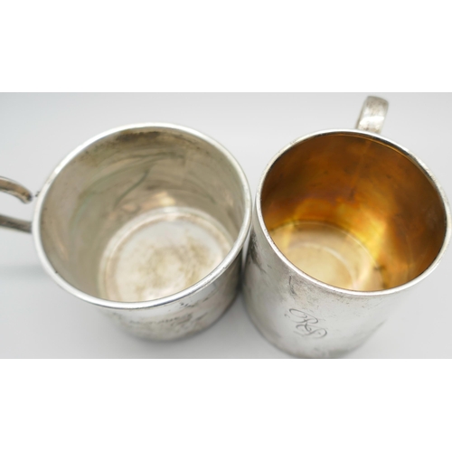 7362 - A hallmarked silver mug, 99g, and one other marked Empire Sterling, 45g