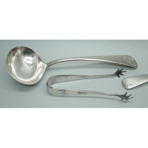 7372 - A collection of silver spoons, 178g, a plated ladle and three other plated items