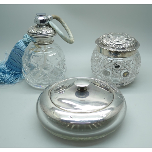 7380 - A William Comyns silver topped glass jar, London 1899, a silver topped powder jar, a/f, and a scent ... 