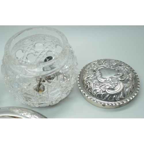 7380 - A William Comyns silver topped glass jar, London 1899, a silver topped powder jar, a/f, and a scent ... 