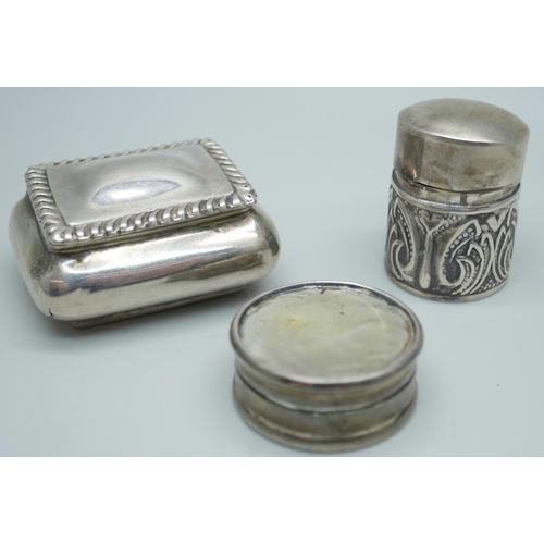 7388 - A late Victorian silver box, a circular silver pill box and a thimble case