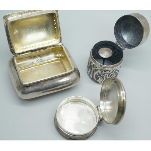 7388 - A late Victorian silver box, a circular silver pill box and a thimble case