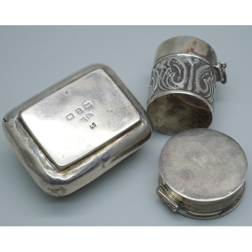 7388 - A late Victorian silver box, a circular silver pill box and a thimble case