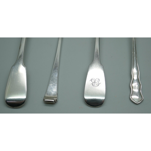 7393 - Two Victorian silver spoons, a silver fork and a silver spreader, 83g