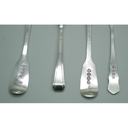 7393 - Two Victorian silver spoons, a silver fork and a silver spreader, 83g