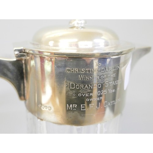 2222A - A claret jug with plated top, Greyhound Racing inscription