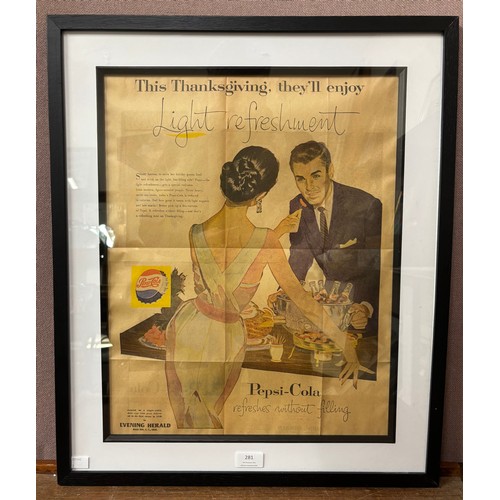 281 - An original Pepsi Cola Thanksgiving poster, framed