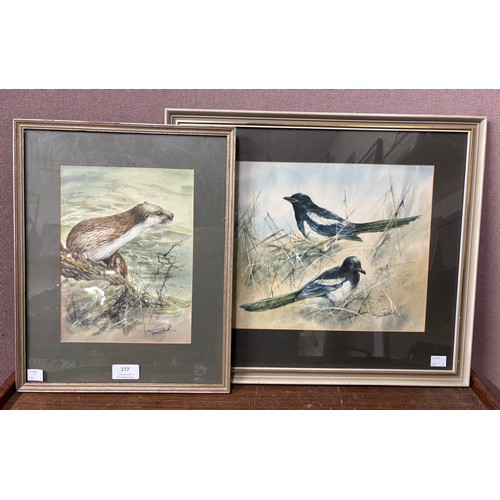 277 - Trevor Parkin, studies of an otter and magpies, watercolour, framed