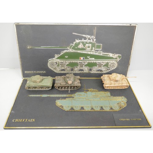 2085 - Two plaques featuring tanks - Chieftain Chilwell Garrison and Sherman VC (Firefly) with three Corgi ... 