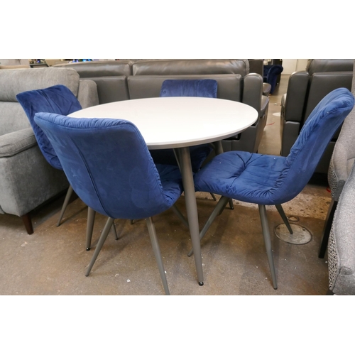 3179 - A grey gloss circular dining table and four navy velvet upholstered dining chairs