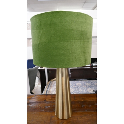 3237 - A pair of brass table lamps with green flocked shades