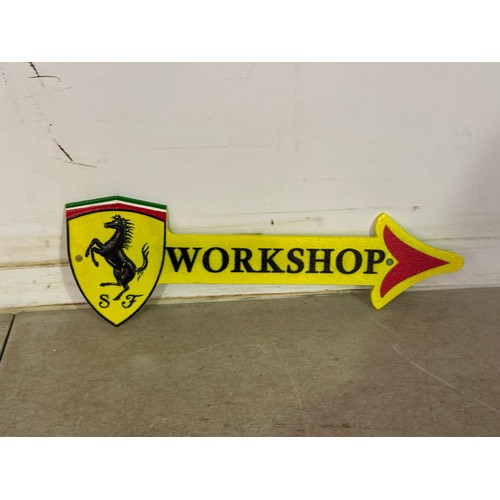 5177 - 2 cast metal arrow plaques including Ferrari workshop and MG parking* This lot is subject to VAT