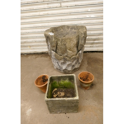 5361 - A stone effect water feature, square planter and 2 terracotta plant pots