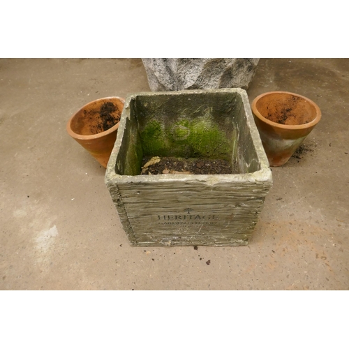 5361 - A stone effect water feature, square planter and 2 terracotta plant pots