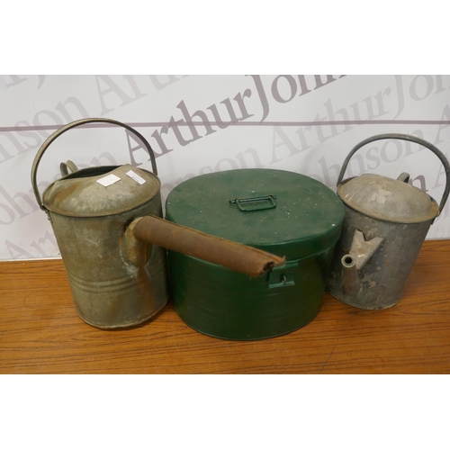 5440 - 2 galvanised watering cans and a tin plate hat box