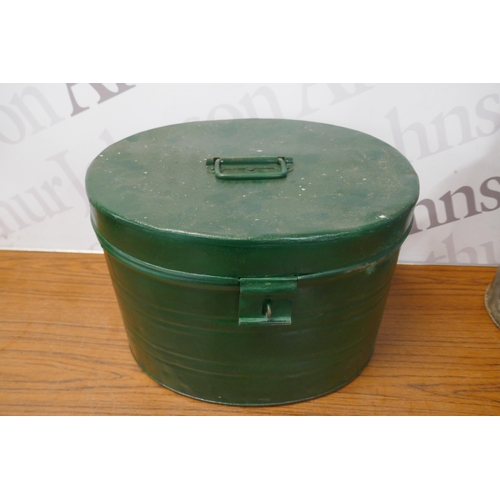 5440 - 2 galvanised watering cans and a tin plate hat box