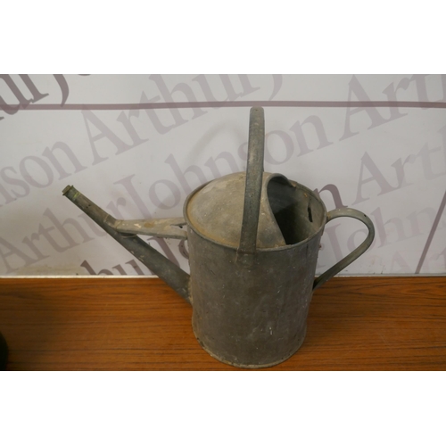 5440 - 2 galvanised watering cans and a tin plate hat box