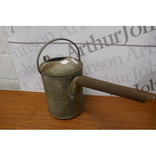 5440 - 2 galvanised watering cans and a tin plate hat box