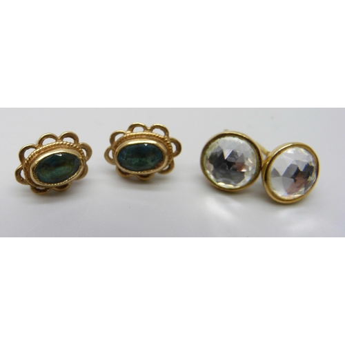 7007 - A pair of 9ct gold and blue stone earrings, 2.1g, and one other pair of earrings