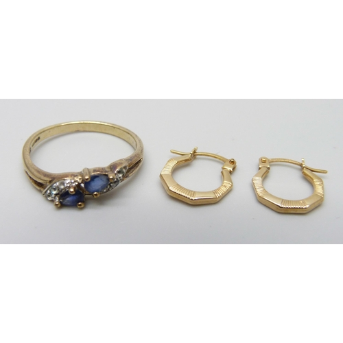 7014 - A pair of 9ct gold earrings and a 9ct gold, diamond and sapphire ring, 2.3g, ring size O