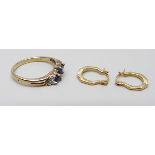 7014 - A pair of 9ct gold earrings and a 9ct gold, diamond and sapphire ring, 2.3g, ring size O