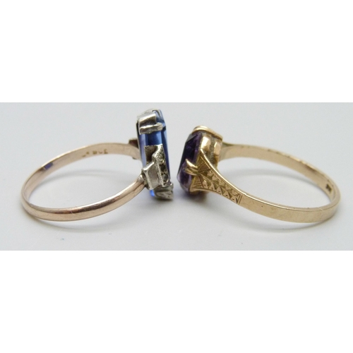 7034 - A 9ct gold and stone set ring, 2.2g, Q, and a 9ct gold and white metal Art Deco ring, a/f, 1.7g