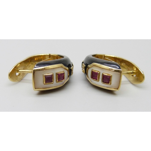 7040 - A pair of 18ct gold designer enamel, ruby, diamond and pearl cuff style earrings, signed Larry, 7.1g