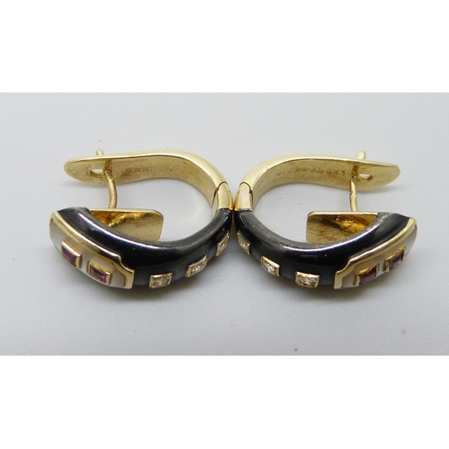 7040 - A pair of 18ct gold designer enamel, ruby, diamond and pearl cuff style earrings, signed Larry, 7.1g