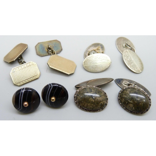 7069 - Three pairs of silver cufflinks, one a/f, and two buttons