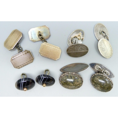 7069 - Three pairs of silver cufflinks, one a/f, and two buttons