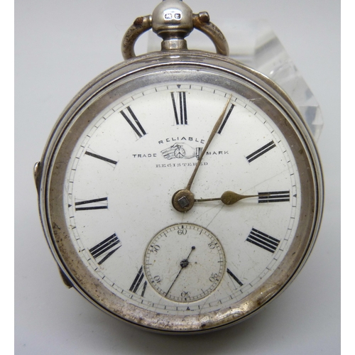 7089 - A silver pocket watch, the dial marked Reliable, the movement marked J.E. Jackson, Nottingham, the c... 