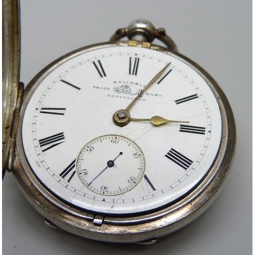 7089 - A silver pocket watch, the dial marked Reliable, the movement marked J.E. Jackson, Nottingham, the c... 