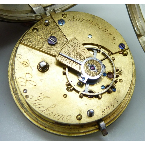 7089 - A silver pocket watch, the dial marked Reliable, the movement marked J.E. Jackson, Nottingham, the c... 