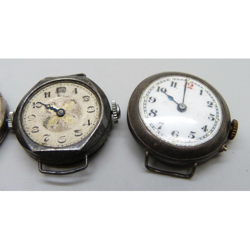 7091 - Four silver cased wristwatches, one Bernex, all with silver import marks, largest 33mm