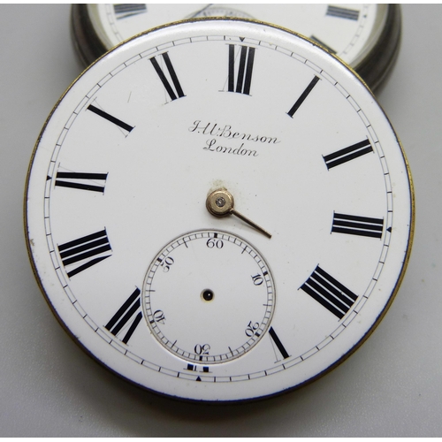 7093 - A silver pocket watch, Benson, London, and a Benson pocket watch movement