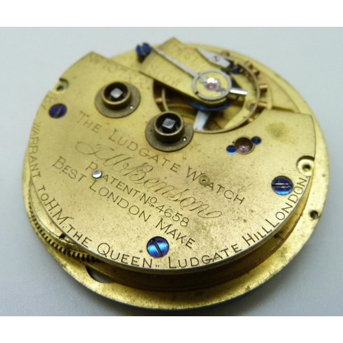 7093 - A silver pocket watch, Benson, London, and a Benson pocket watch movement