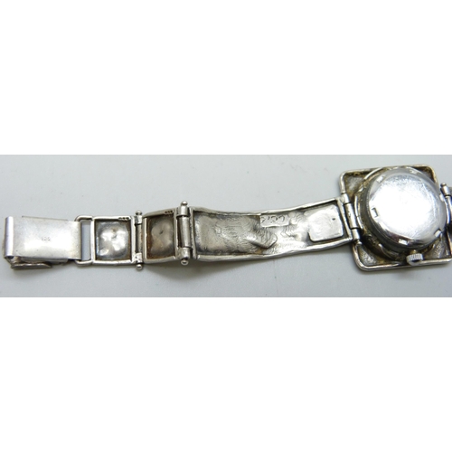 7098 - A designer brutalist silver and synthetic opal wristwatch, signed