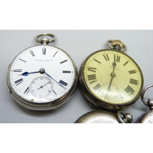 7100 - Two silver pocket watches, a/f, and two silver fob watches