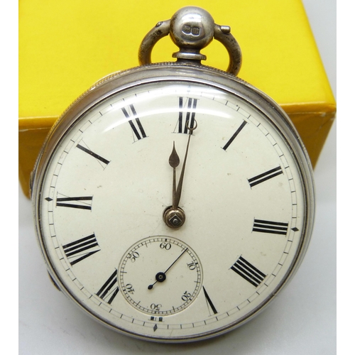 7102 - A silver pocket watch, the movement marked A. Rigg, Rochdale, Chester 1867, inner case personalised