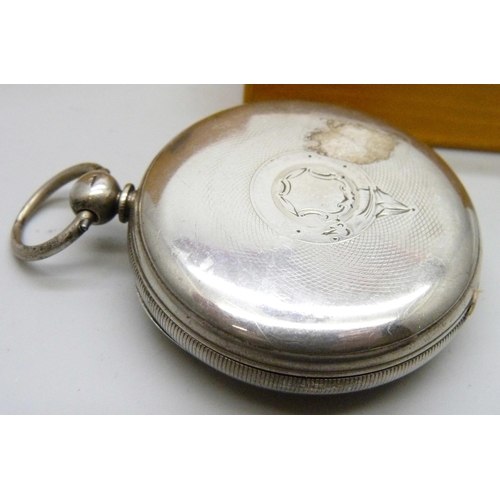 7102 - A silver pocket watch, the movement marked A. Rigg, Rochdale, Chester 1867, inner case personalised