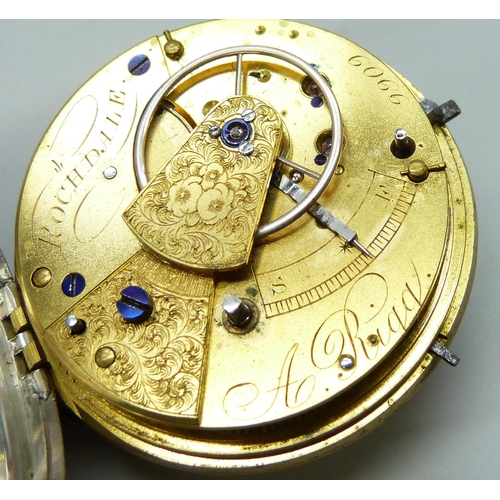 7102 - A silver pocket watch, the movement marked A. Rigg, Rochdale, Chester 1867, inner case personalised