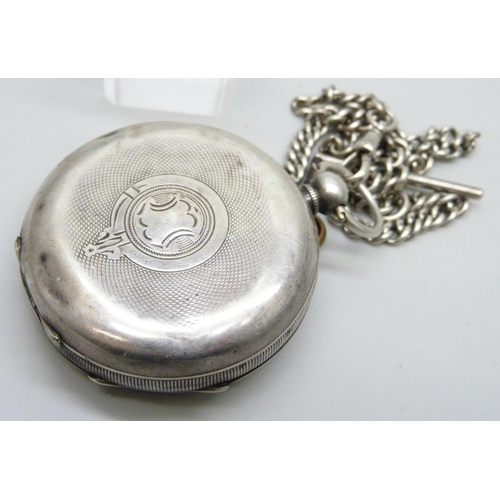 7112 - A silver cased pocket watch, Yabsley, London, and a silver Albert chain