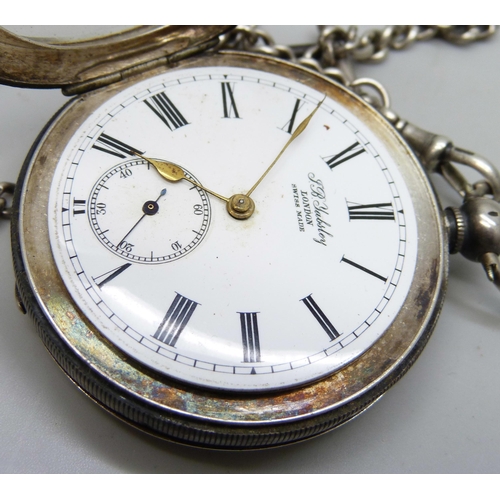 7112 - A silver cased pocket watch, Yabsley, London, and a silver Albert chain