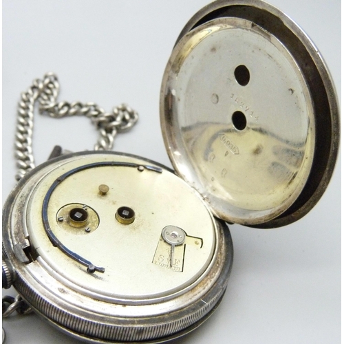 7112 - A silver cased pocket watch, Yabsley, London, and a silver Albert chain