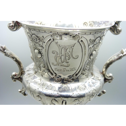 7131 - A Victorian silver two handled cup, Birmingham 1876, George Unite, with inscription dated 1876, 545g... 