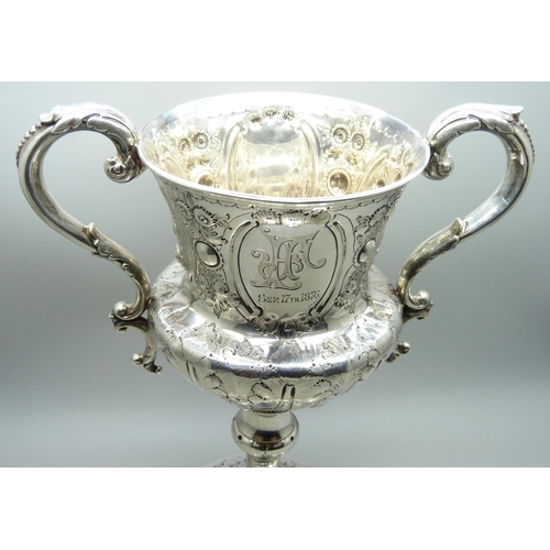 7131 - A Victorian silver two handled cup, Birmingham 1876, George Unite, with inscription dated 1876, 545g... 