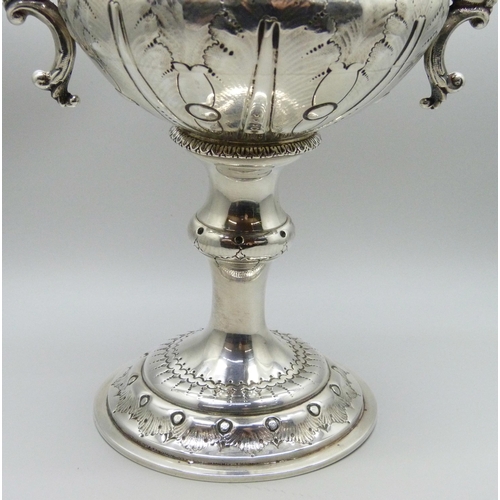 7131 - A Victorian silver two handled cup, Birmingham 1876, George Unite, with inscription dated 1876, 545g... 